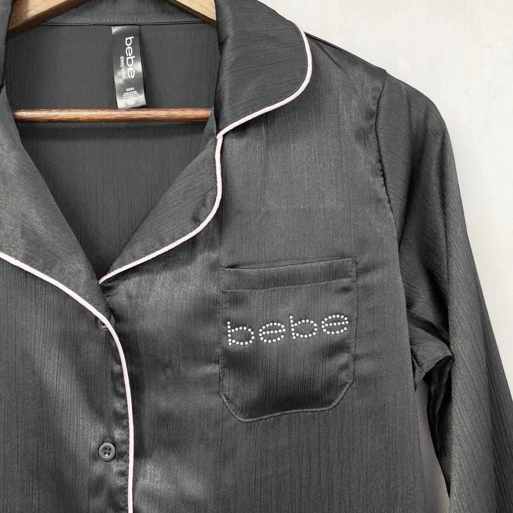 Bebe Sleepwear Pajama Top Womens Medium Satin Rhinestone Logo Glam Chic Lounge